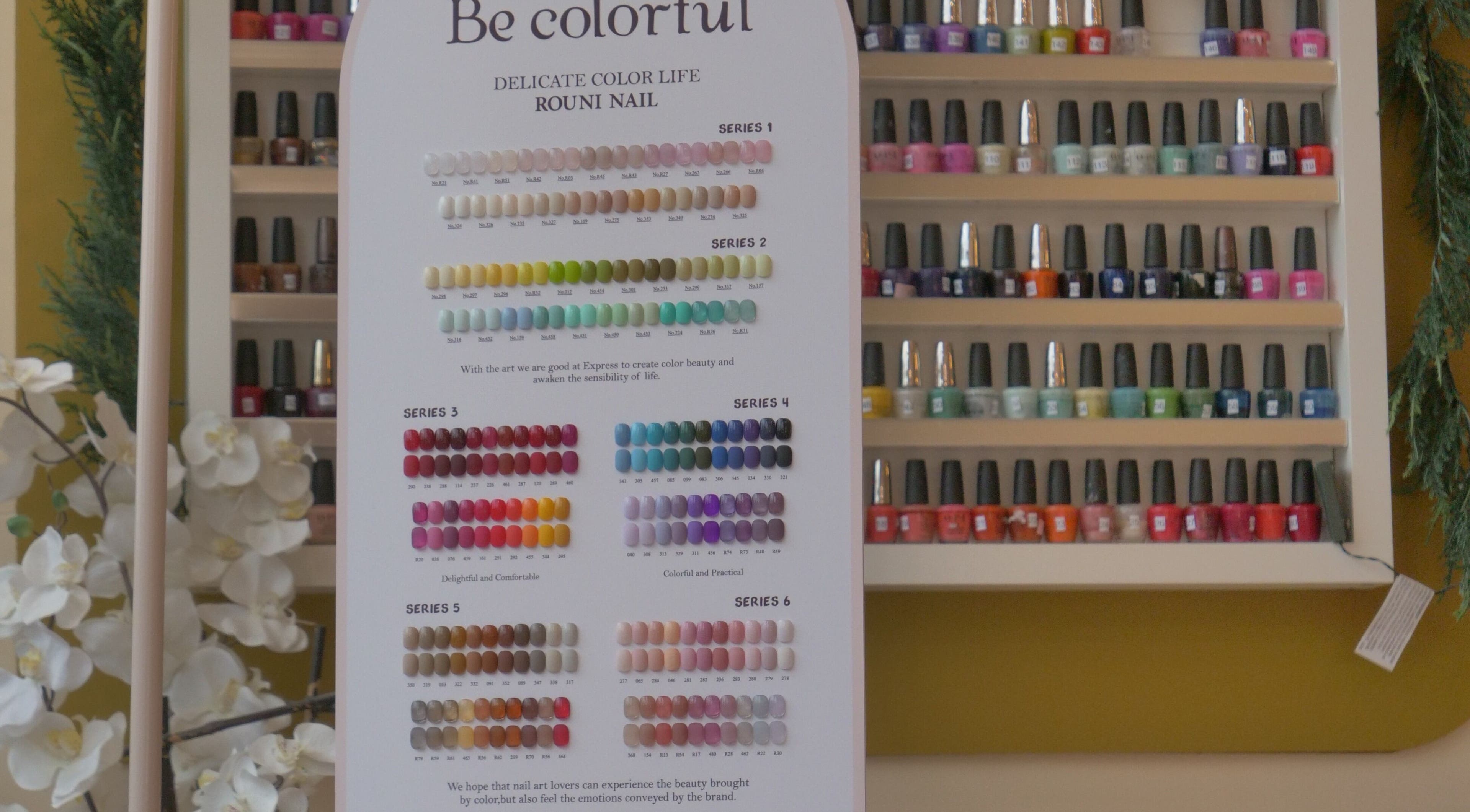 Colorful nail polish display at Sugar Nails and Lashes - Kitsilano, Vancouver, BC, CA.
