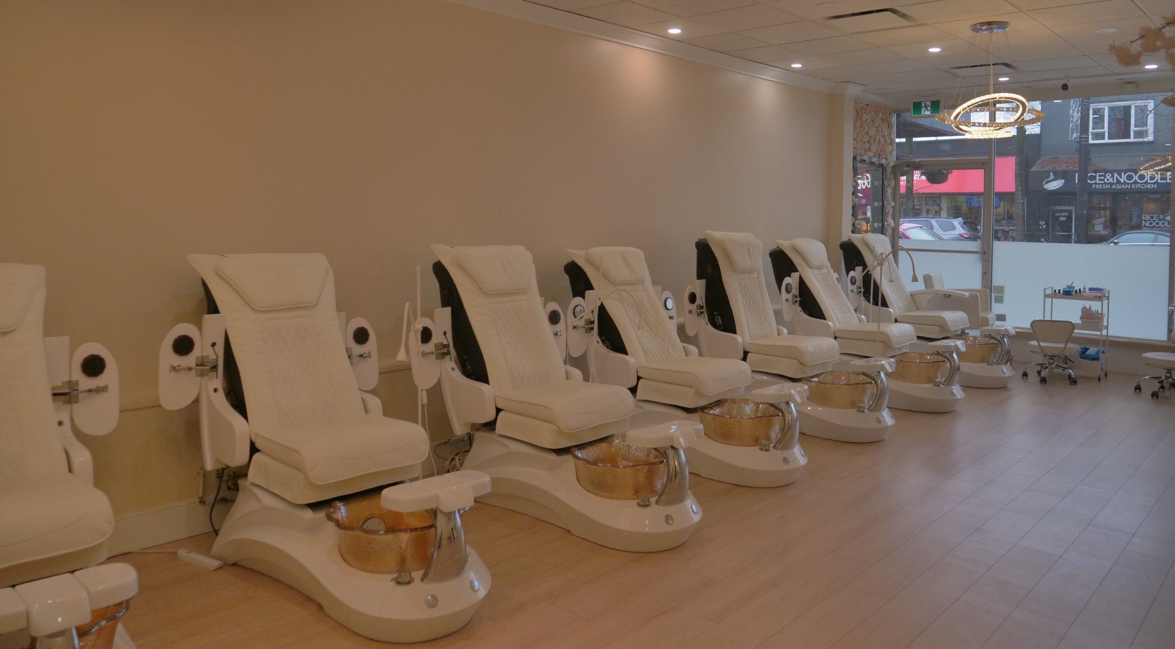 Luxurious pedicure chairs at Sugar Nails and Lashes - Kitsilano, Vancouver, BC, CA offer comfort and relaxation.