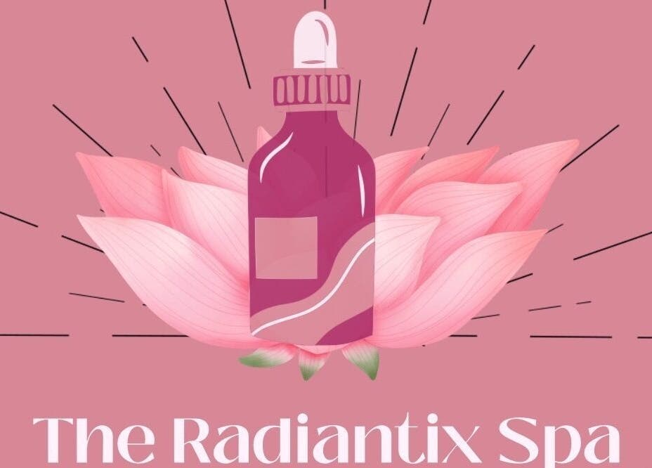 Illustration of a pink essence bottle atop a lotus at The Radiantix Spa, Toronto, Ontario, CA.