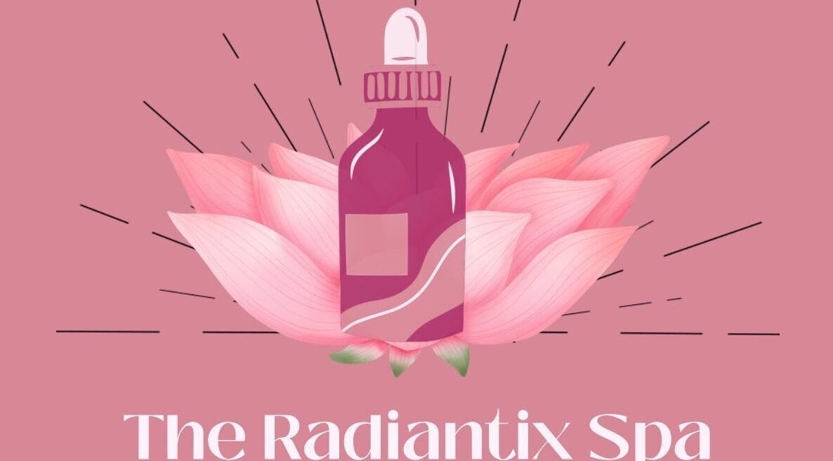 Illustration of a pink essence bottle atop a lotus at The Radiantix Spa, Toronto, Ontario, CA.