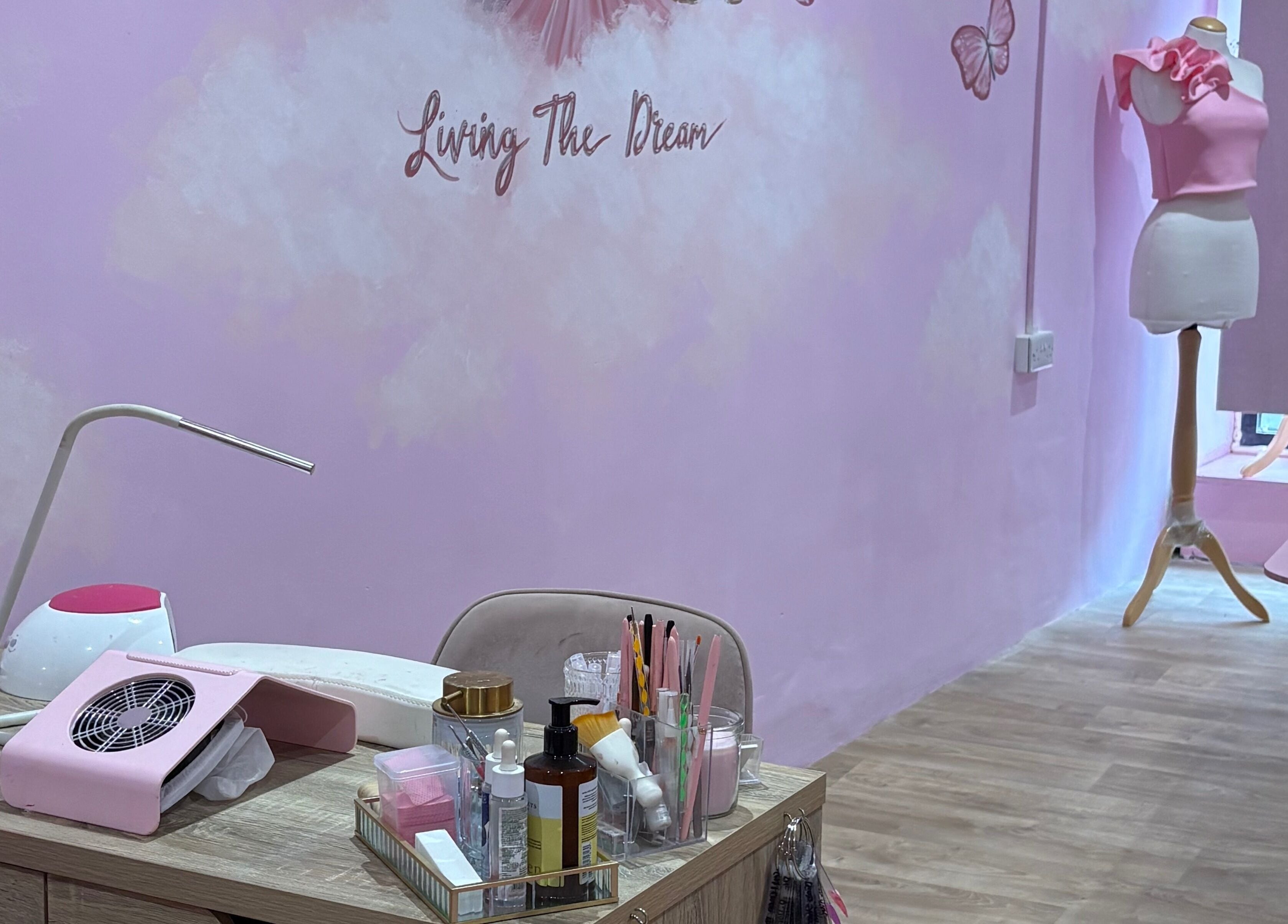 Chic beauty setup at Dollys Studio in Bradford, England, GB with elegant decor and tools for pampering.
