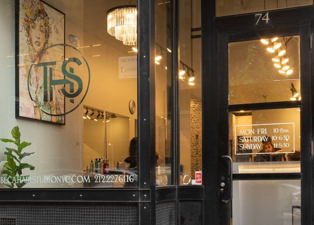 Tribeca Hair Studio NYC facade at 74, New York, New York, US with a stylish interior view.