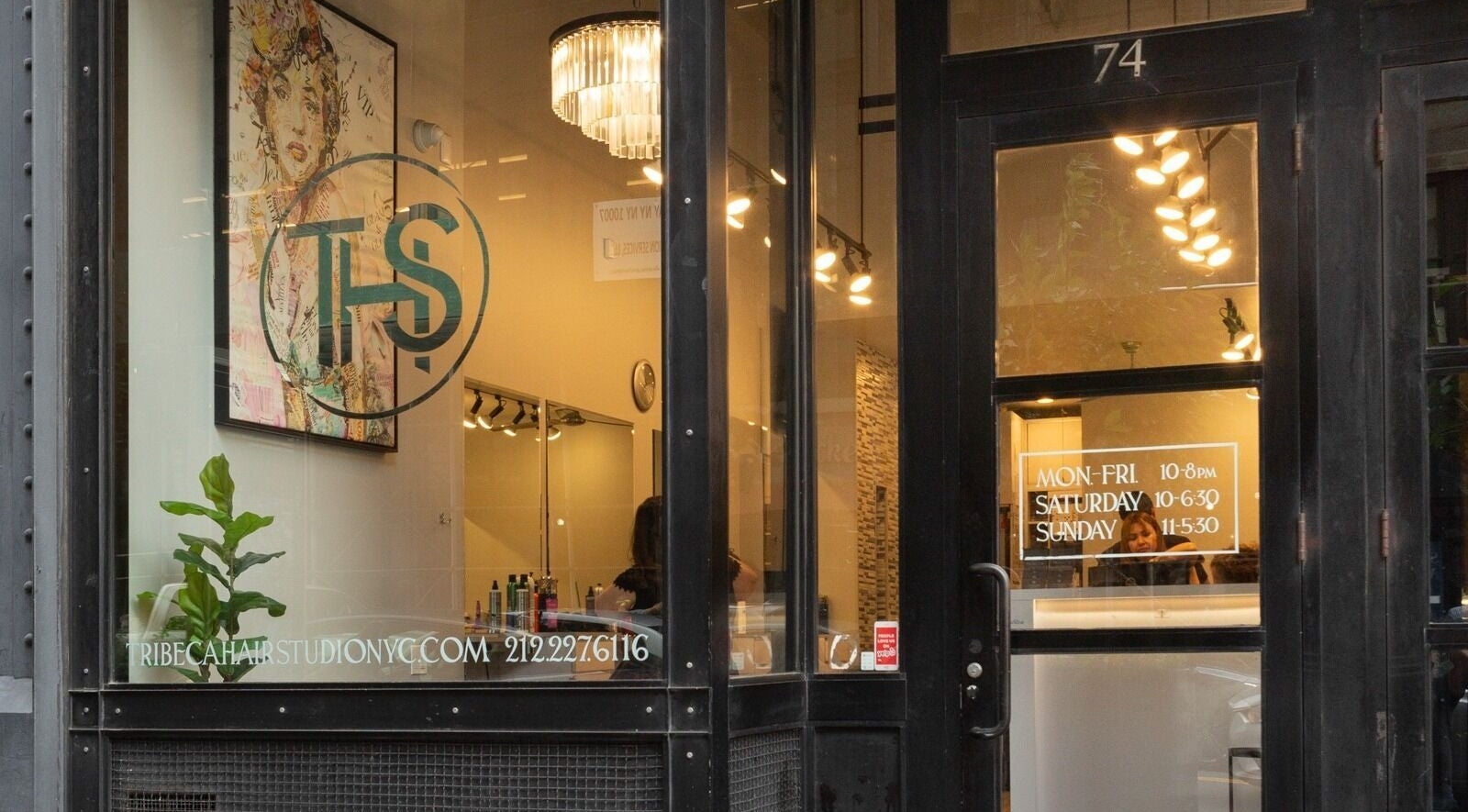 Tribeca Hair Studio NYC facade at 74, New York, New York, US with a stylish interior view.