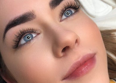Close-up of styled eyebrows and lashes at Lushè Beauty Studio, London, England, GB.