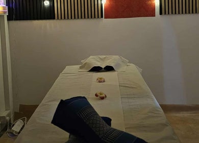 Massage room setup at Jasmine Thai Massage in Swindon, England, GB, showcasing a relaxing ambiance.