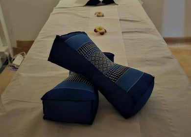 Traditional Thai massage setup with pillows at Jasmine Thai Massage, Swindon, England, GB.