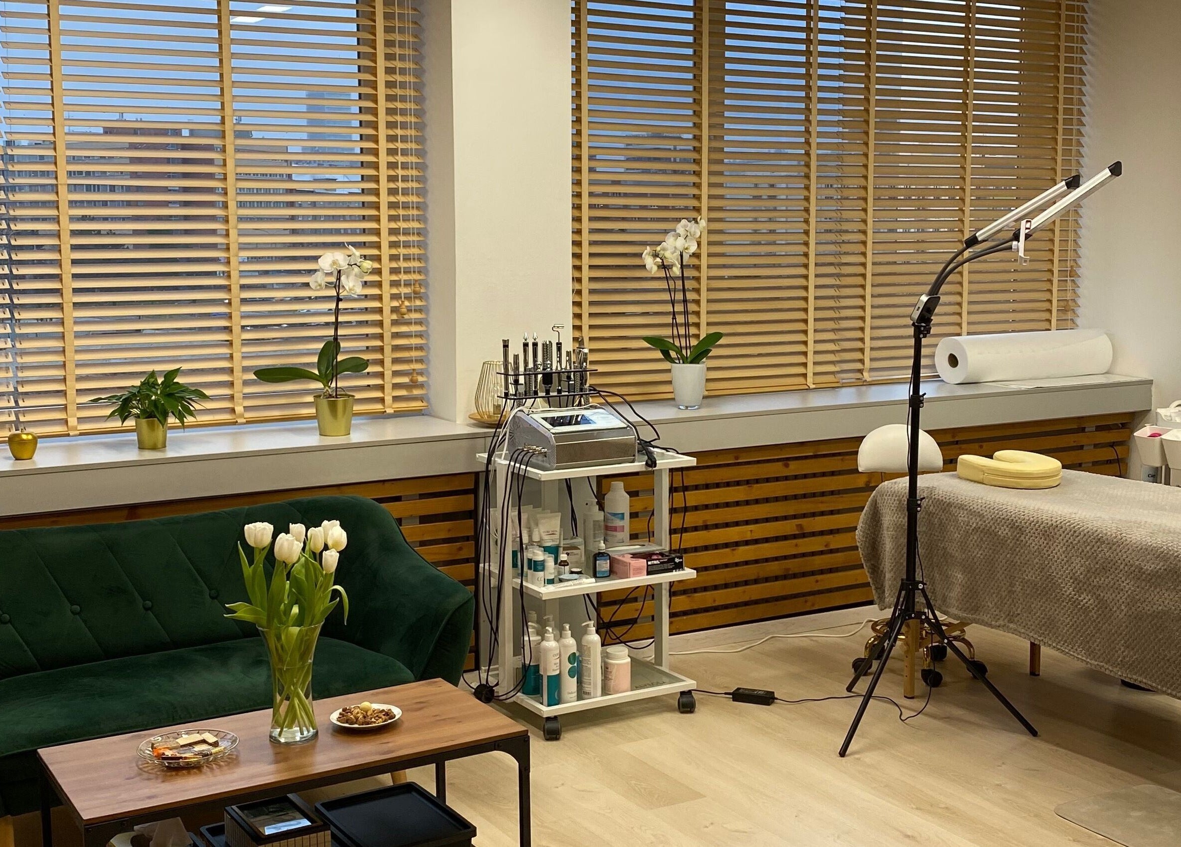 Сучасний інтер'єр LaserLux у Братиславському Краї з диваном і апаратами для краси.