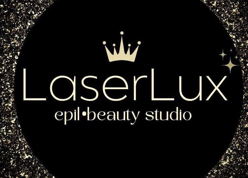 Логотип LaserLux із короною у центрі, адреса: Братиславський Край, Братиславський Край, SK.