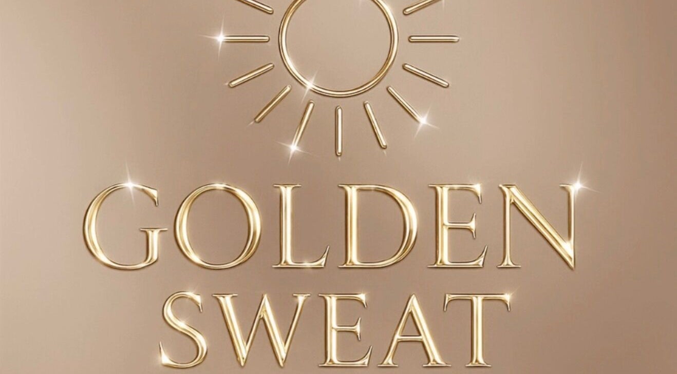 Elegant logo of Golden Sweat, a beauty venue in London, Ontario, CA with gold lettering and sun design.