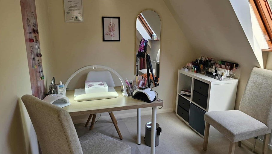 Elegant manicure station at Satori Nails, Peterborough, England, GB, showcasing tools and polish collection.