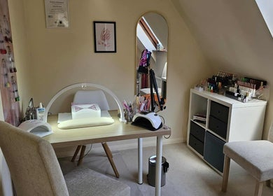 Chic nail salon station at Satori Nails, Peterborough, England, GB featuring elegant decor and nail tools.