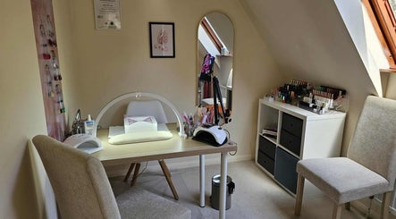 Chic nail salon station at Satori Nails, Peterborough, England, GB featuring elegant decor and nail tools.