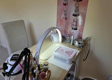 Modern nail care setup at Satori Nails in Peterborough, England, GB, complete with tools and equipment.