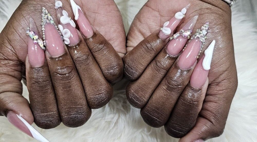 Intricate nail art at Object of Beauty Studio, Saint James, BB. Elegant and detailed design.