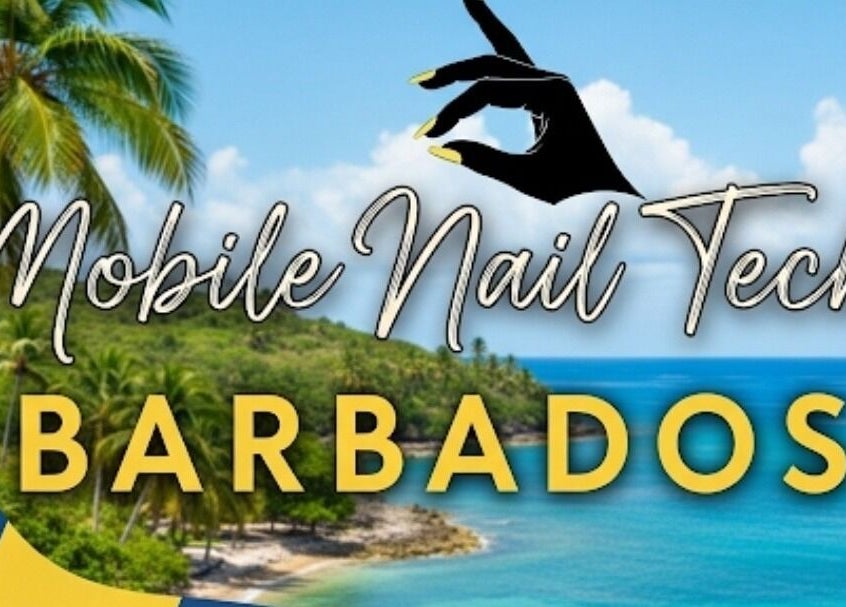Tropical backdrop with 'Mobile Nail Tech Barbados' text at Object of Beauty Studio, Saint James, BB.