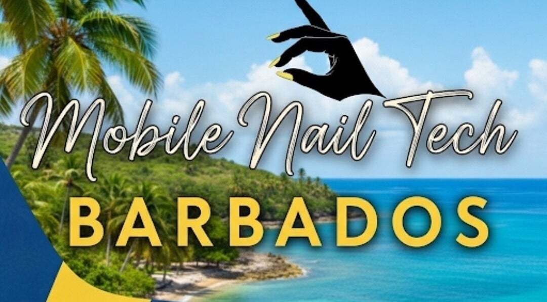 Tropical backdrop with 'Mobile Nail Tech Barbados' text at Object of Beauty Studio, Saint James, BB.