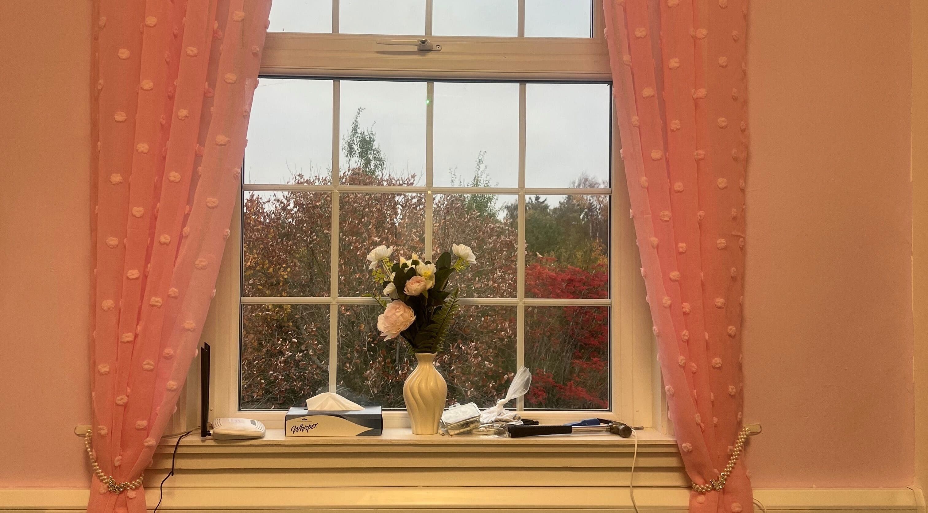 Elegant window with pink curtains and flowers at Luna Glow, Edinburgh, Scotland, GB.