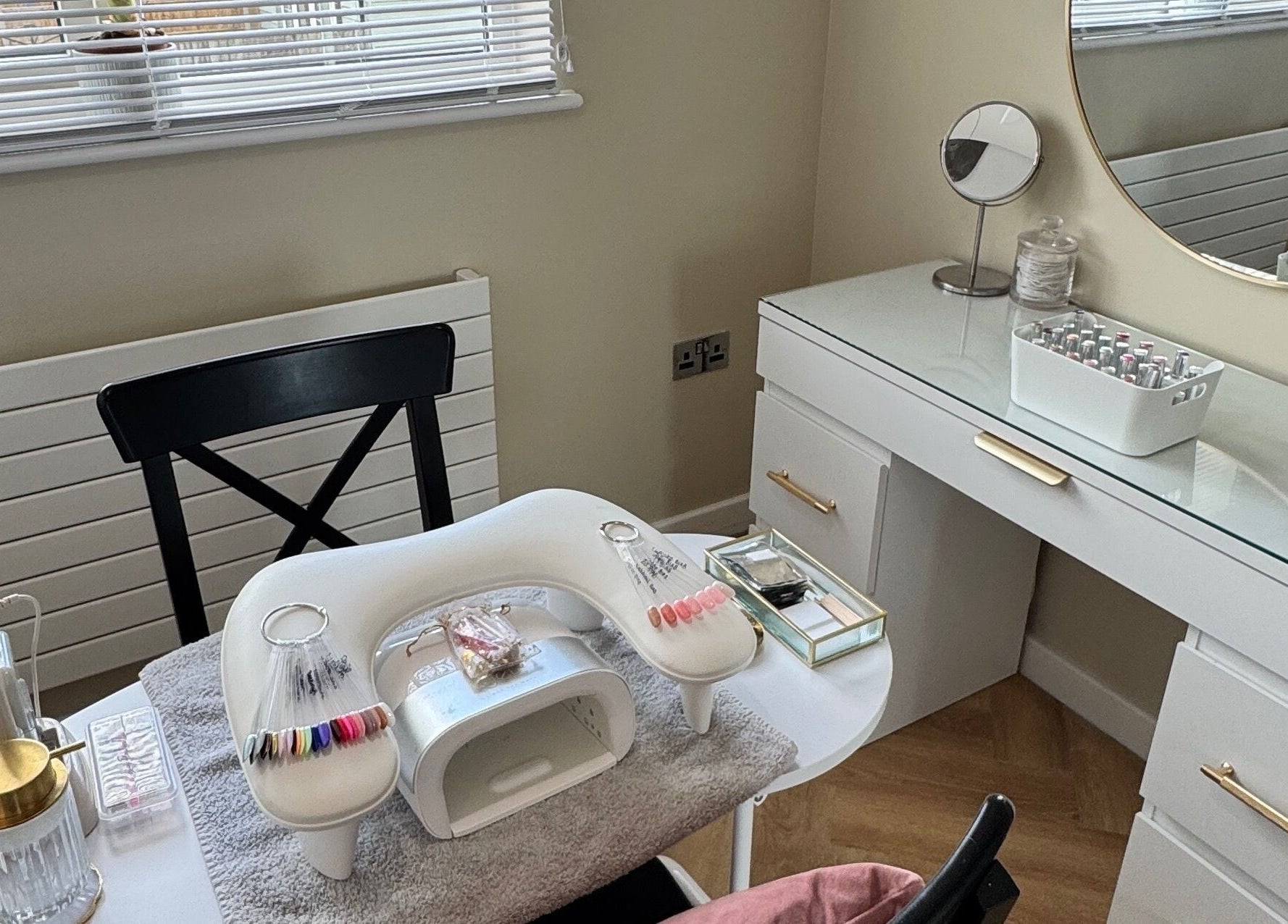 A stylish nail station at Nova Noir Nails, Peacehaven, England, GB, featuring elegant decor and tools.