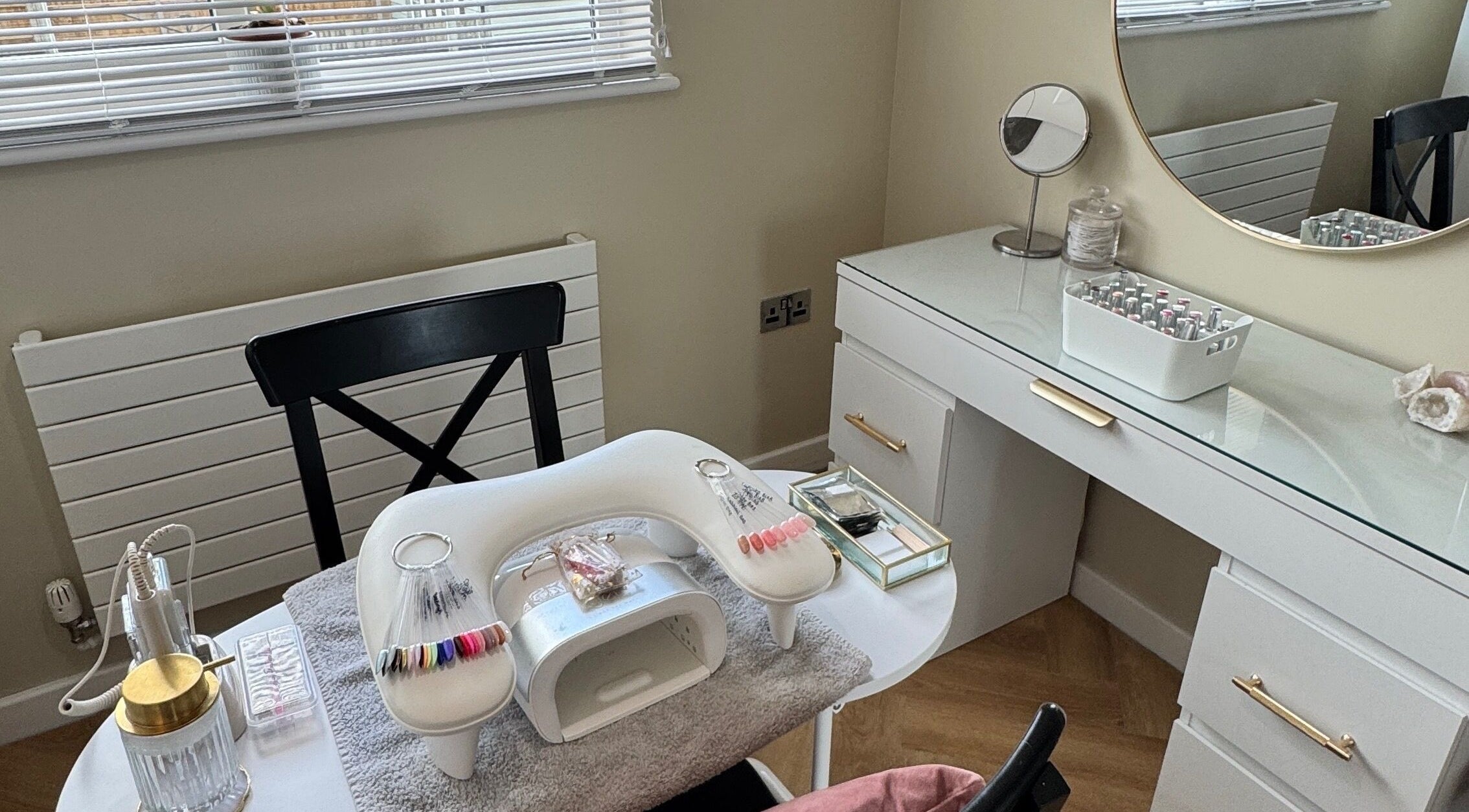 A stylish nail station at Nova Noir Nails, Peacehaven, England, GB, featuring elegant decor and tools.