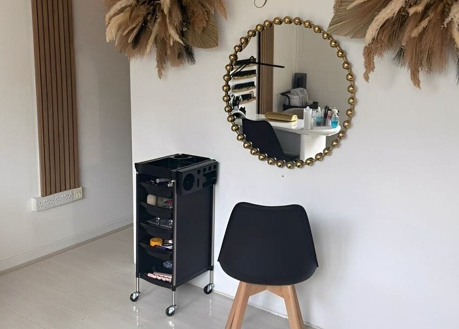 Chic salon interior at Hey Girl Beauty and Aesthetics, Birkenhead, England, GB, featuring elegant mirror decor.