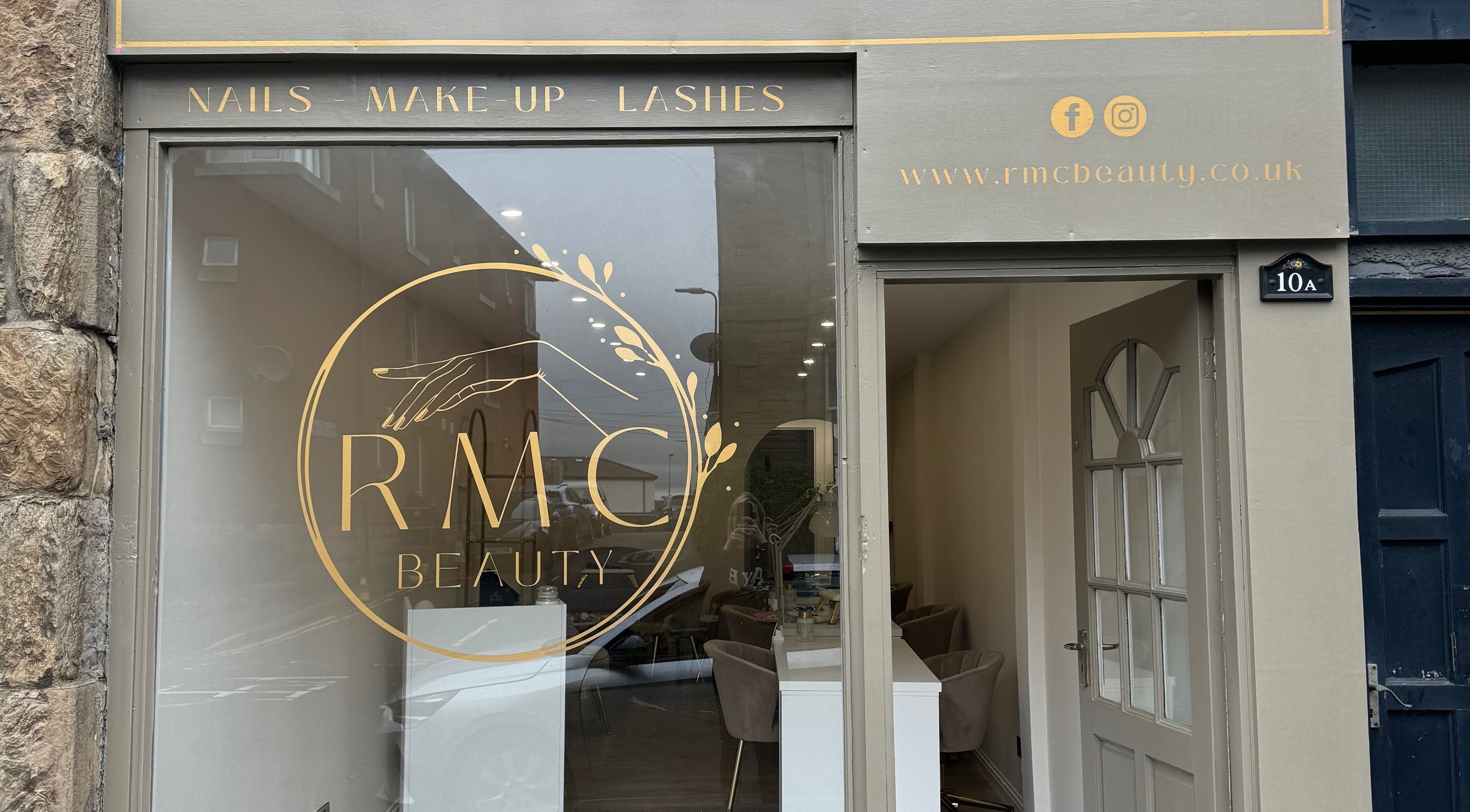 Front view of RMC Beauty in West Calder, Scotland, GB, showcasing the elegant salon entrance.