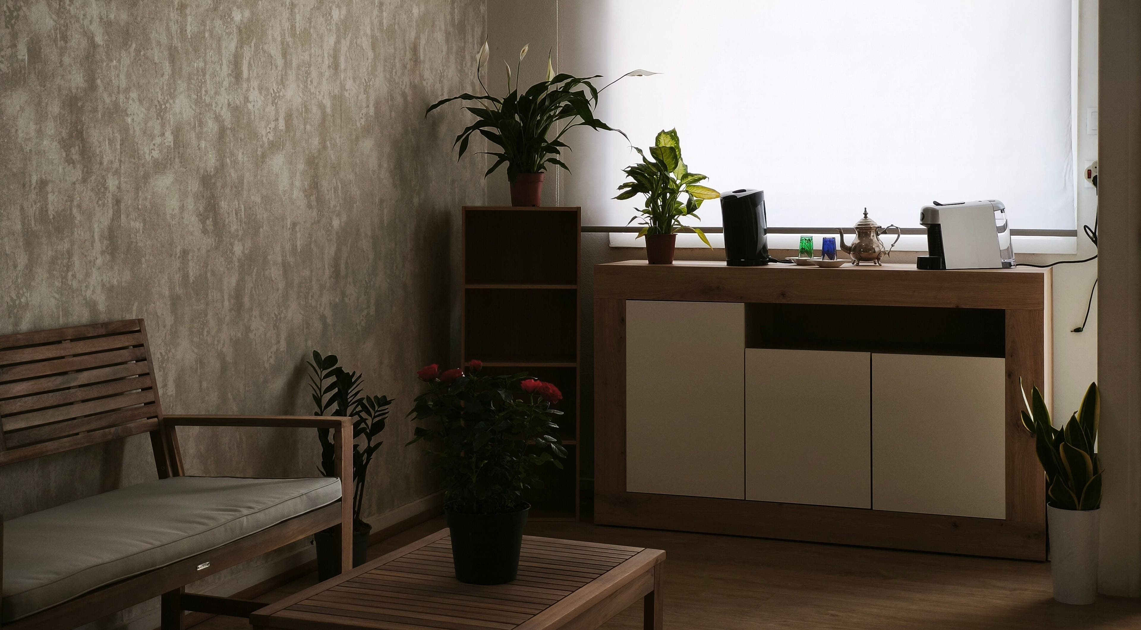 Sala de espera elegante em Mudrãh, Oliveira De Azeméis, Aveiro, PT, com plantas e mobiliário moderno.