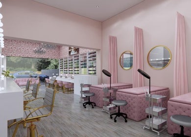 Interior elegante de Annastacia Beauty Room en Ciudad Victoria, Tamaulipas, MX con decoración rosada y espejos dorados.