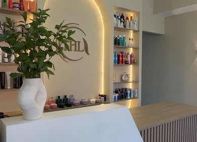 Mostrador moderno de Tress Hair Lab en Santo Domingo, Distrito Nacional, DO, con estanterías y planta decorativa.