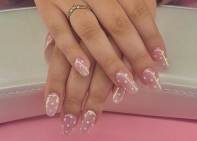 Elegant pink polka dot manicure at Khrome Nail Studio, St. John's, Newfoundland And Labrador, CA.