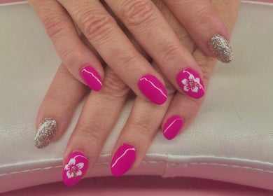 Elegant floral and glitter pink nails by Khrome Nail Studio in St. John's, Newfoundland And Labrador, CA.