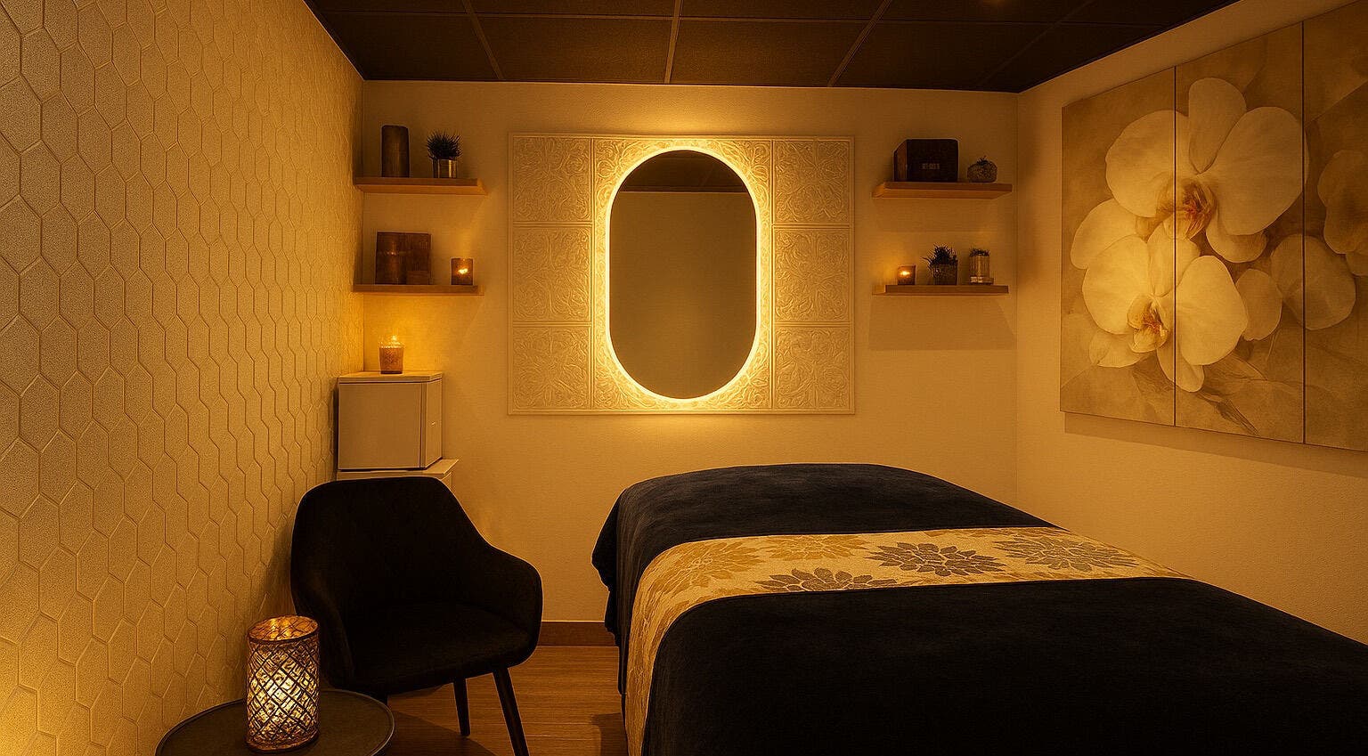 Cozy therapy room at The Oriental Wellness Therapy, London, England, GB with calming decor and warm lighting.
