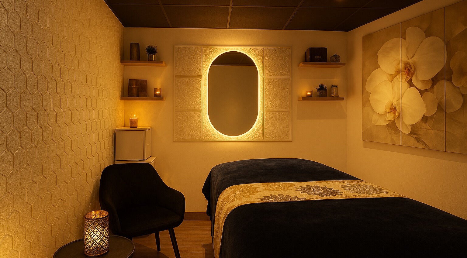Cozy therapy room at The Oriental Wellness Therapy, London, England, GB with calming decor and warm lighting.