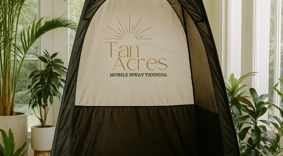 Tan Acres Mobile Spray Tanning setup with plants in Whanganui, Manawatū-whanganui Region, NZ.