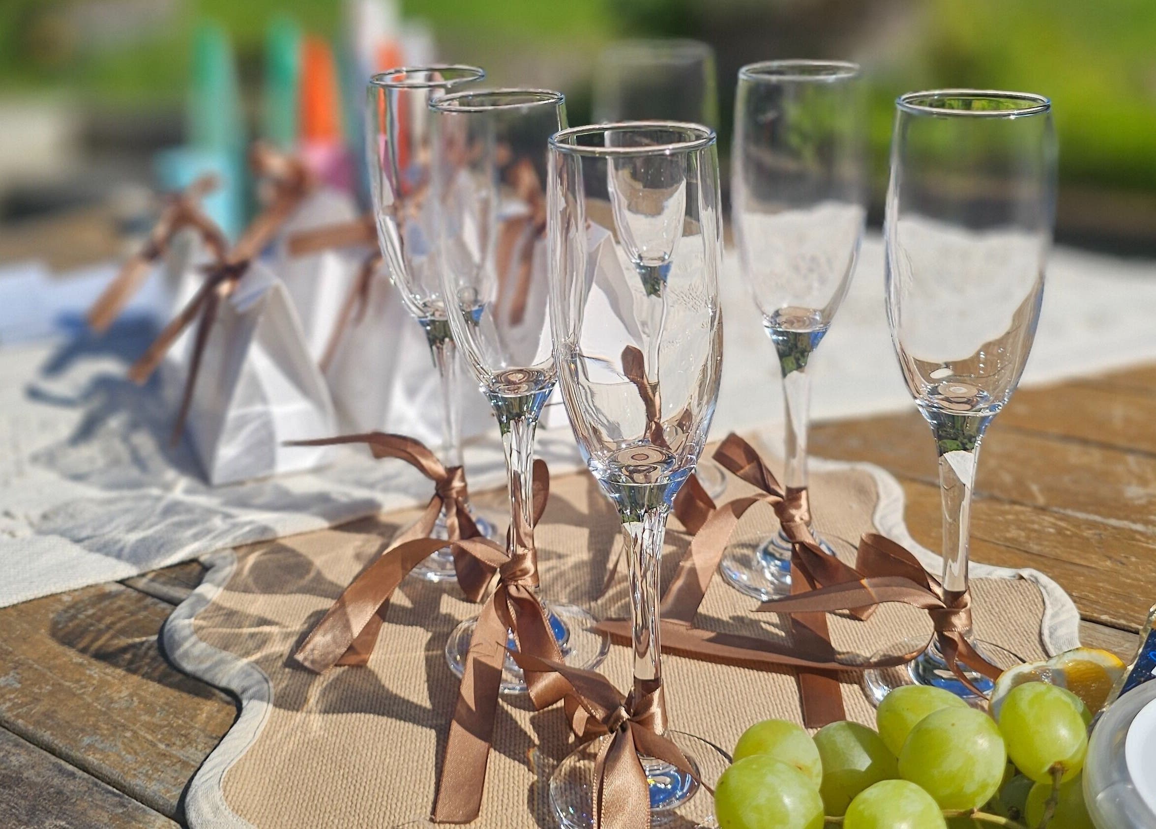 Elegant setting with champagne glasses at Tan Acres Mobile Spray Tanning, Whanganui, Manawatū-whanganui Region, NZ.