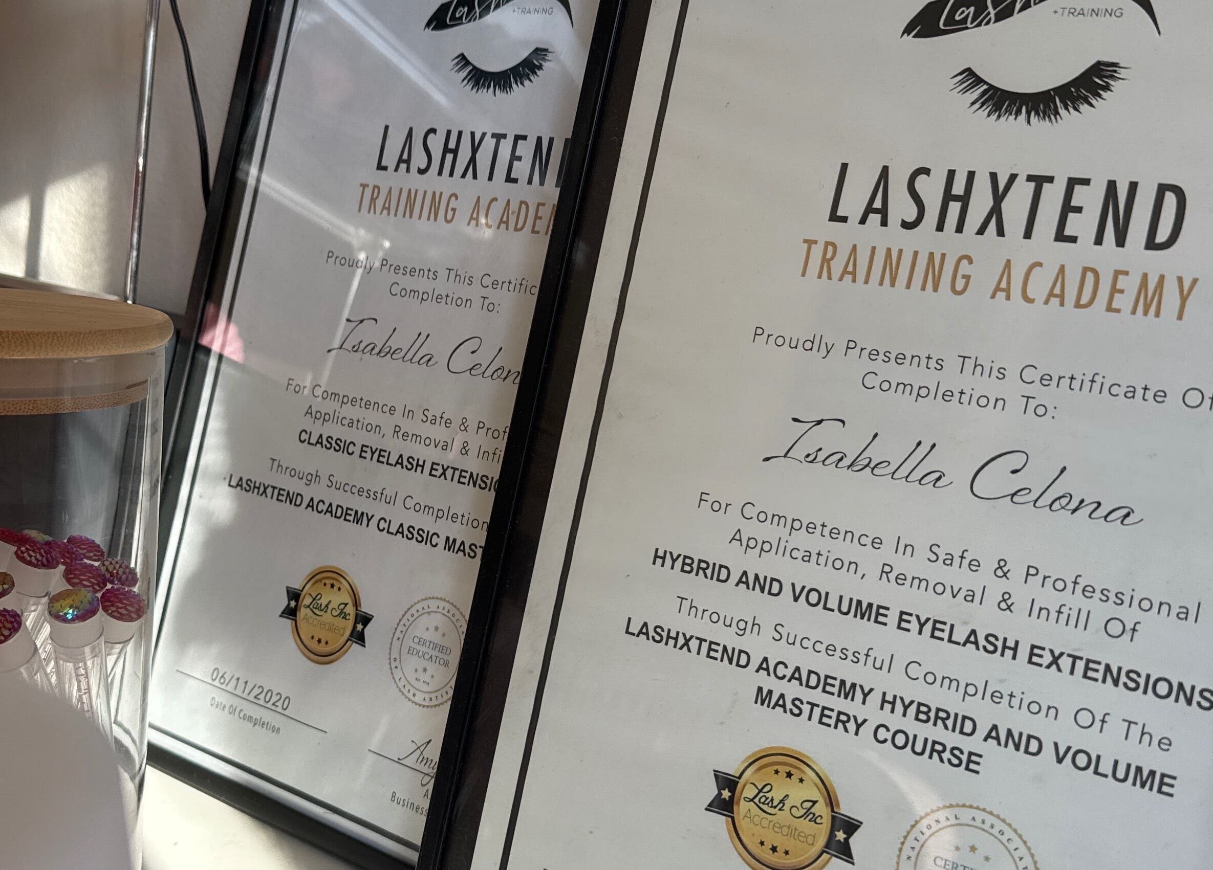 LashXtend certification displayed at IC Lashes in Balgownie, New South Wales, AU.