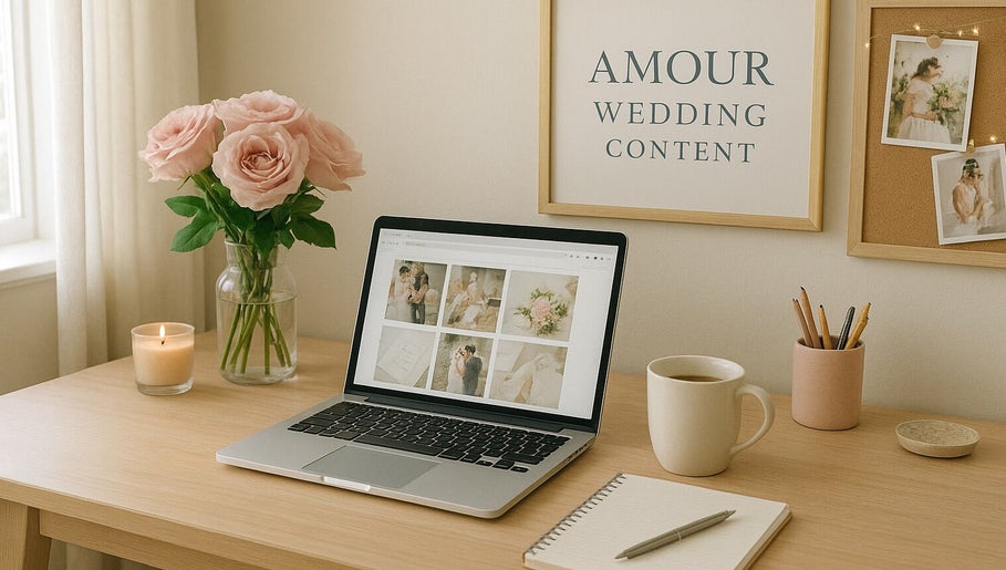 Bureau avec décor romantique, ordinateur montrant Amour wedding content à Saint-martin-de-crau, Provence-alpes-côte D'azur, FR.