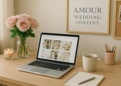 Bureau avec décor romantique, ordinateur montrant Amour wedding content à Saint-martin-de-crau, Provence-alpes-côte D'azur, FR.
