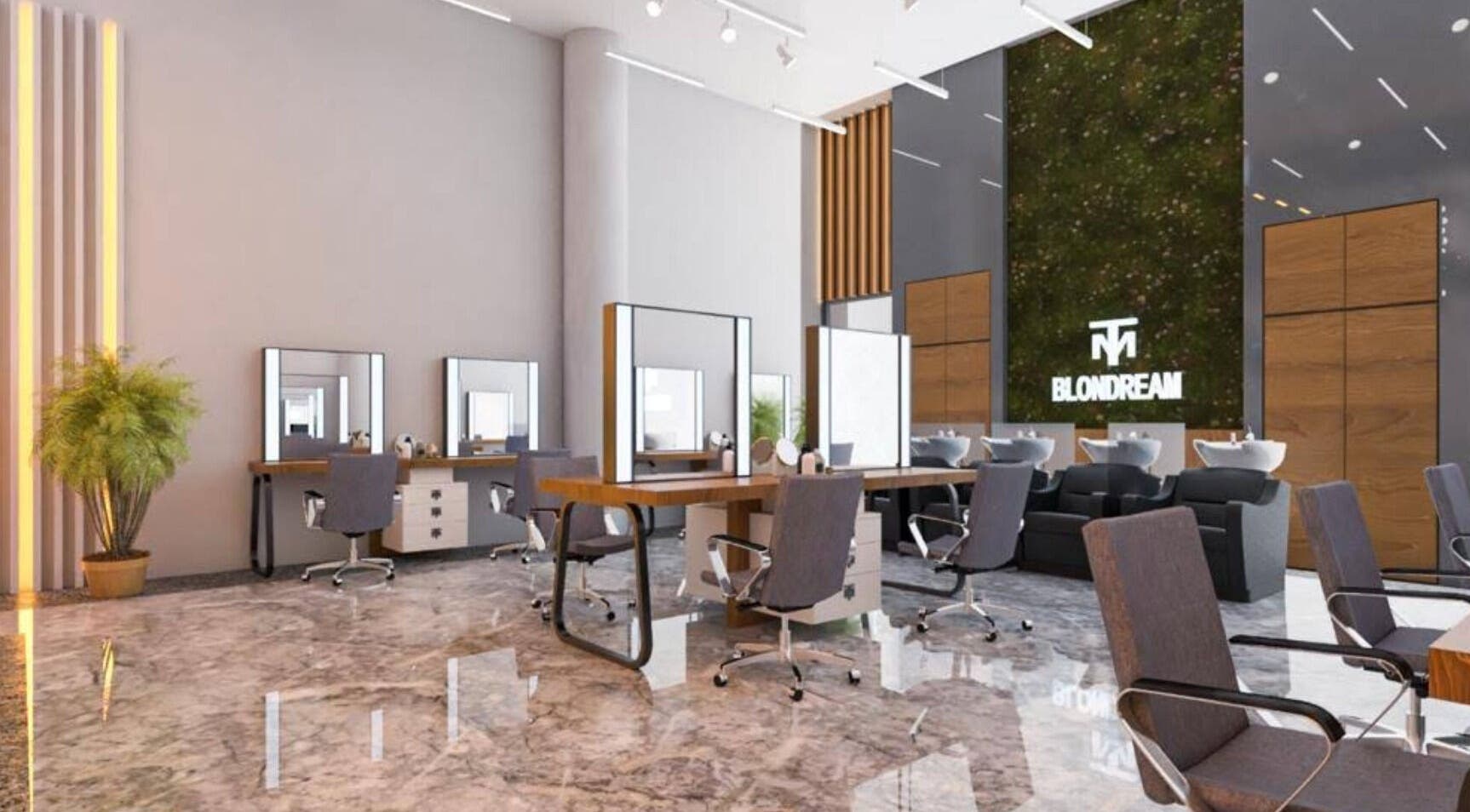 Modern salon interior at The Most Dubai, دبي, دبي, AE with stylish chairs and mirrors, creating an inviting ambience.