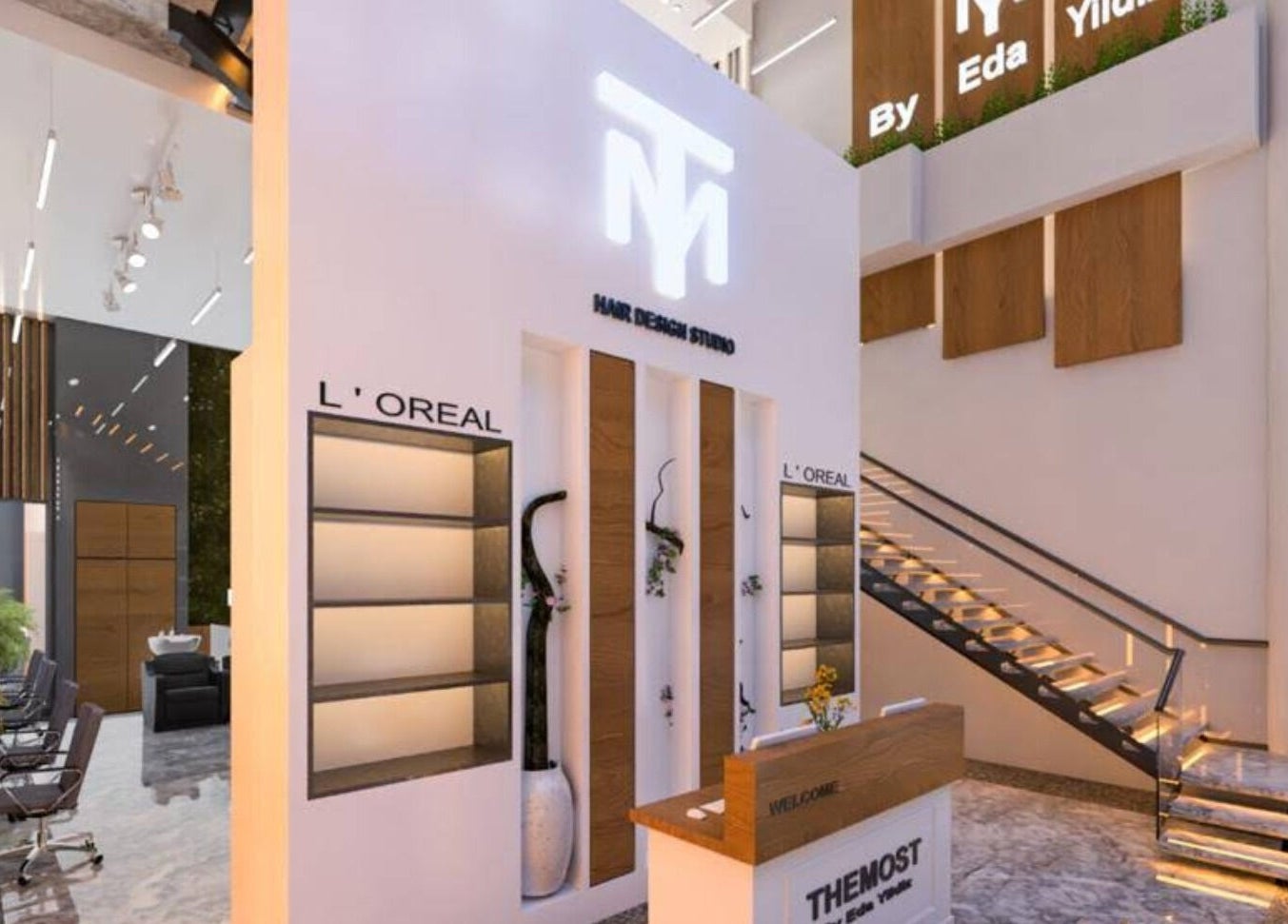 Elegant interior of The Most Dubai salon with modern design and lighting, located in دبي, دبي, AE.