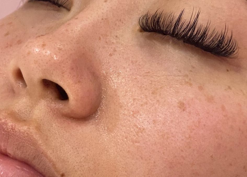 Close-up of a client's enhanced eyelashes at Becks Lbl X, London, England, GB.