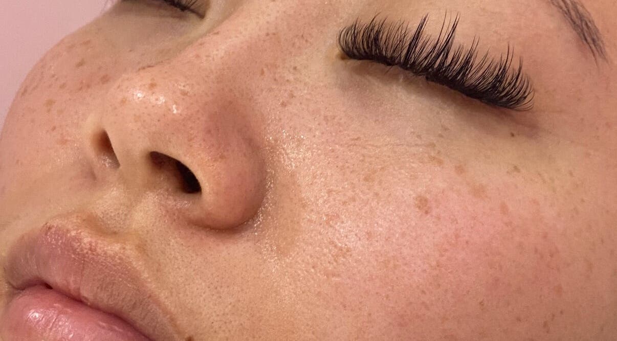 Close-up of a client's enhanced eyelashes at Becks Lbl X, London, England, GB.