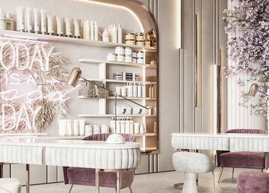 Luxurious interior of iBrows by Farah in Coventry. Elegant design with floral decor and modern beauty products.