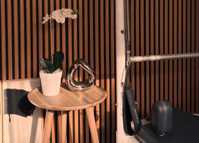 Elegant Pilates setup at Aisha Tannahill Pilates, Richmond, England, GB with plants and modern decor.