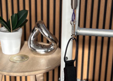 Close-up of a Pilates machine and decor at Aisha Tannahill Pilates, Richmond, England, GB.