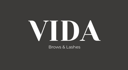 Stylish white logo of Vida Brows & Lashes, Hamilton, Scotland, GB on a dark background.