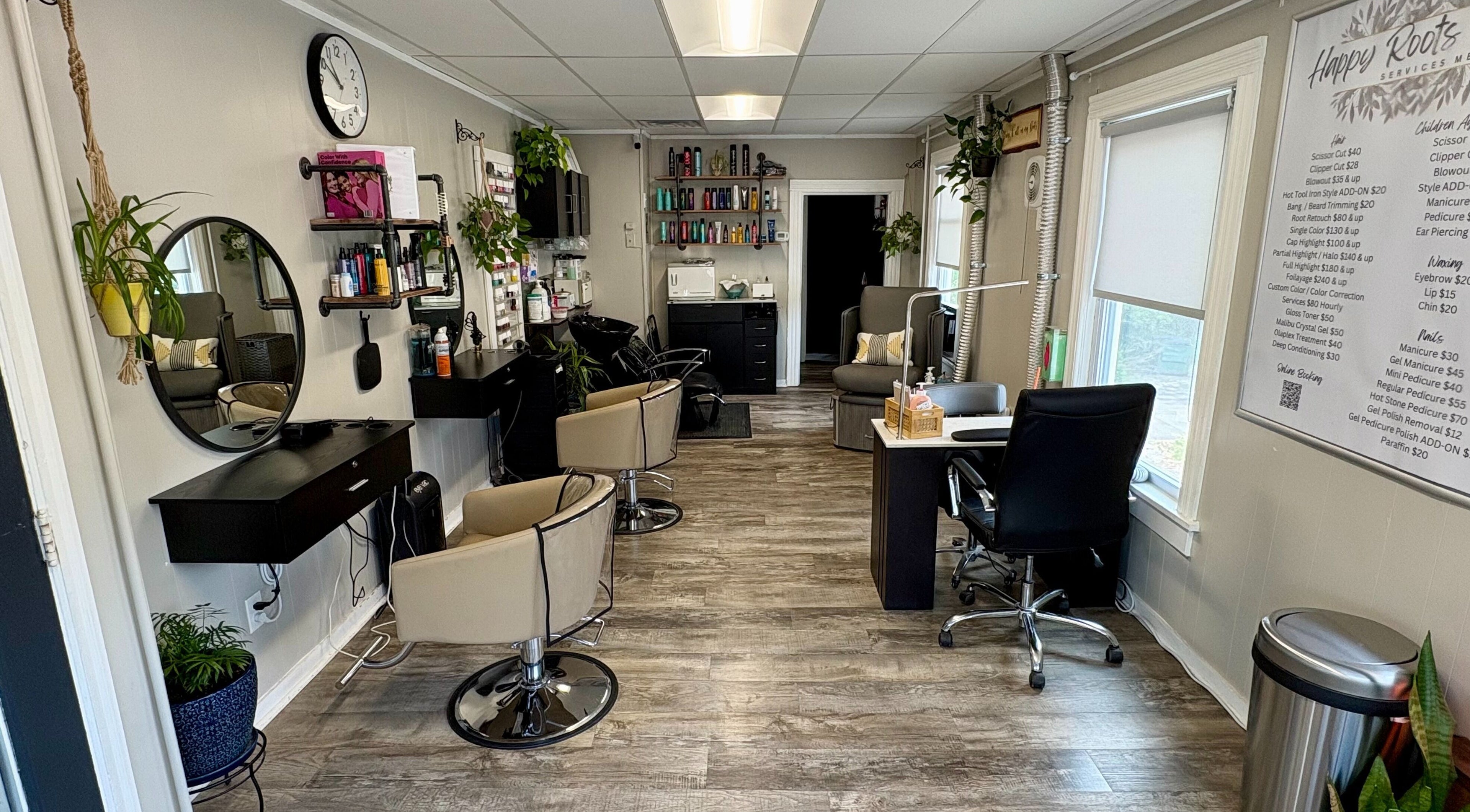 Chic interior of Happy Roots Salon in Liberty, New York, US with stylish chairs and mirrors.