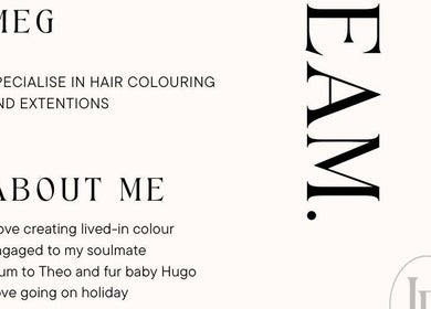 Meg Eliot Hair profile text on hair coloring and extensions at Clevedon, England, GB.