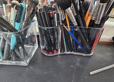 Makeup brushes and pencils at Glow and Go Beauty Consultancy in Fairfield, California, US.