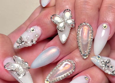 Elegant crystal nail art from Soul Nail, Adelaide, South Australia, AU showcasing exquisite butterfly designs.