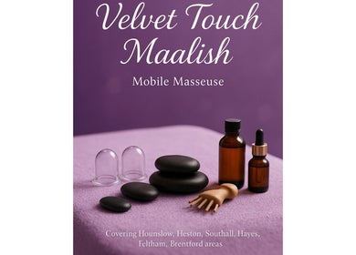 Relaxing massage setup at Mobile - Velvet Touch Maalish, Hounslow, England, GB with oils and stones.
